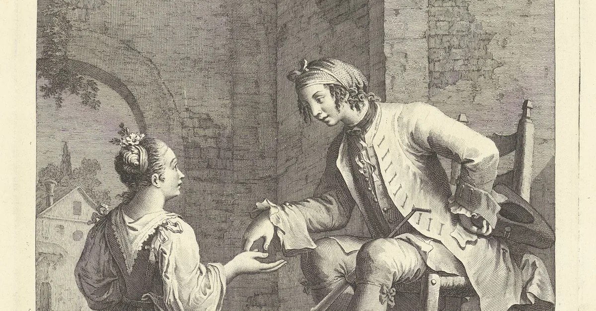 Etching of a young man seated on a bench holding a woman's hand palm-up, a telescope and an open book beside him, in a courtyard