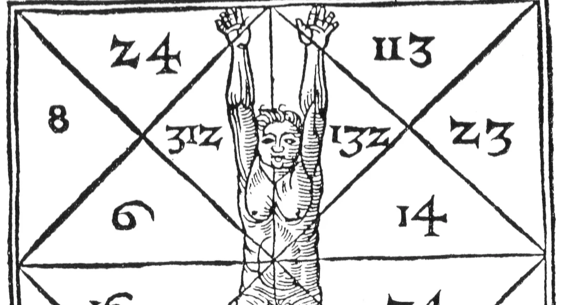 A woodcut of a man with raised arms inside a diamond, numbers printed round him